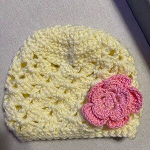 Yellow Crochet Baby Hat with Pink Flower